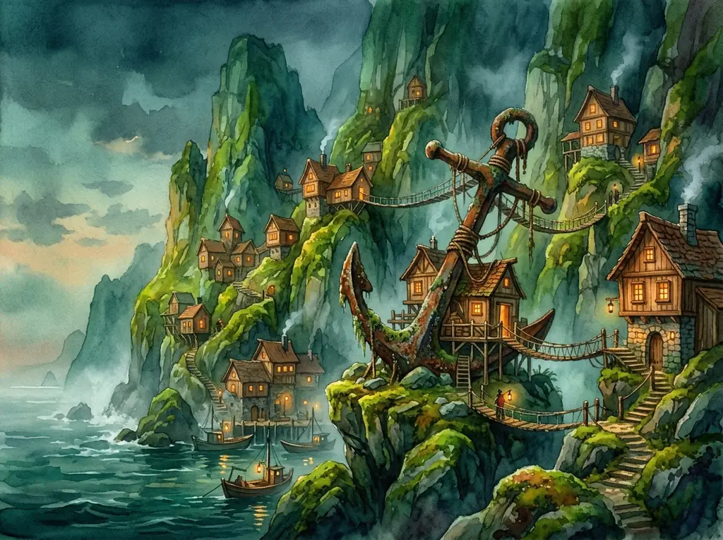 Illustration of Lantern Bay mystical coastal village